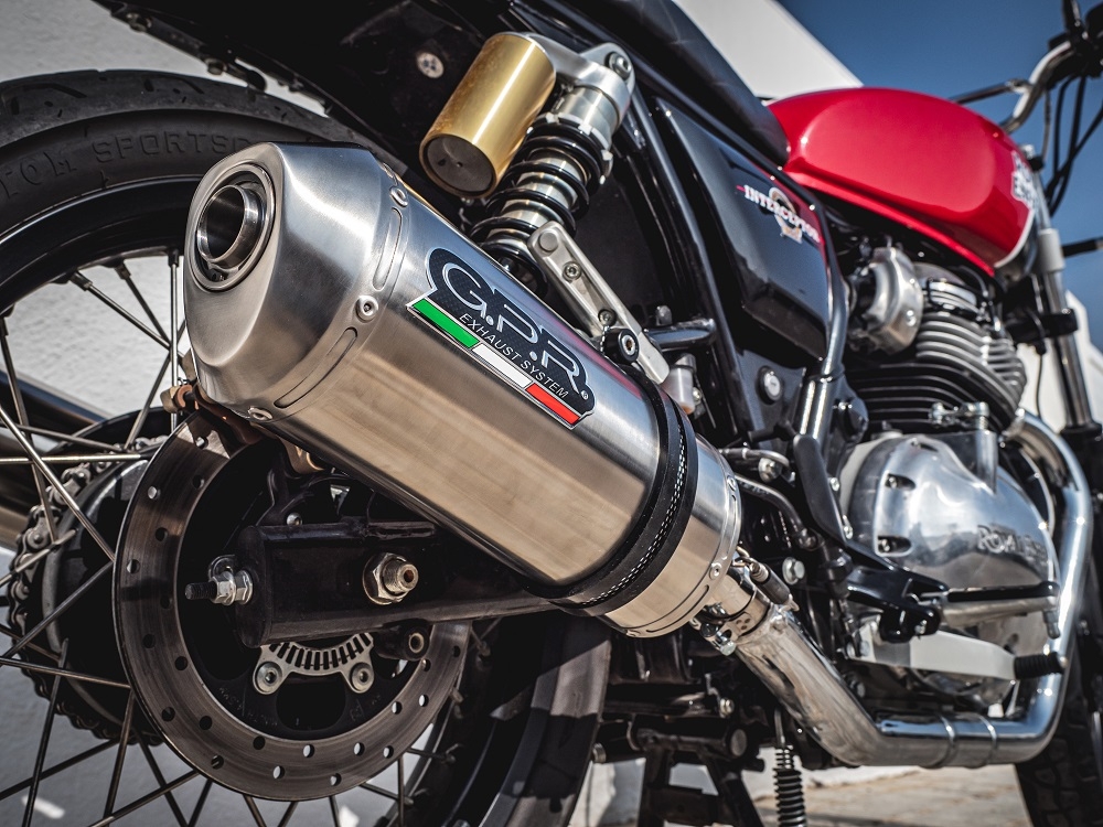 Scarico GPR compatibile con  Royal Enfield Interceptor 650 2021-2024, Satinox, Coppia di terminali di scarico omologati, forniti con db killer removibile, catalizzatori e raccordi specifici